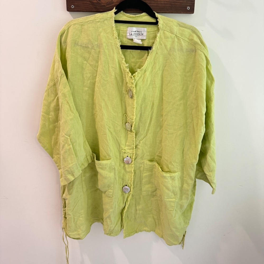 La Fixsun Lime Green Linen Button Down Shirt Raw Edge Boho Lagenlook Small